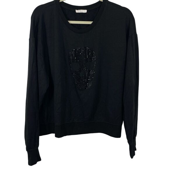 Brit NY Sequined Sugar Skull T-shirt Top Women size Large Black Long Sleeve - Picture 7 of 10